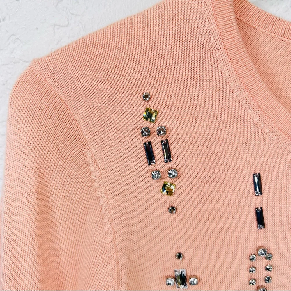 Ann Taylor Blush Pink Gemstone Embellished Wool Blend Knit Crew Neck Sweater